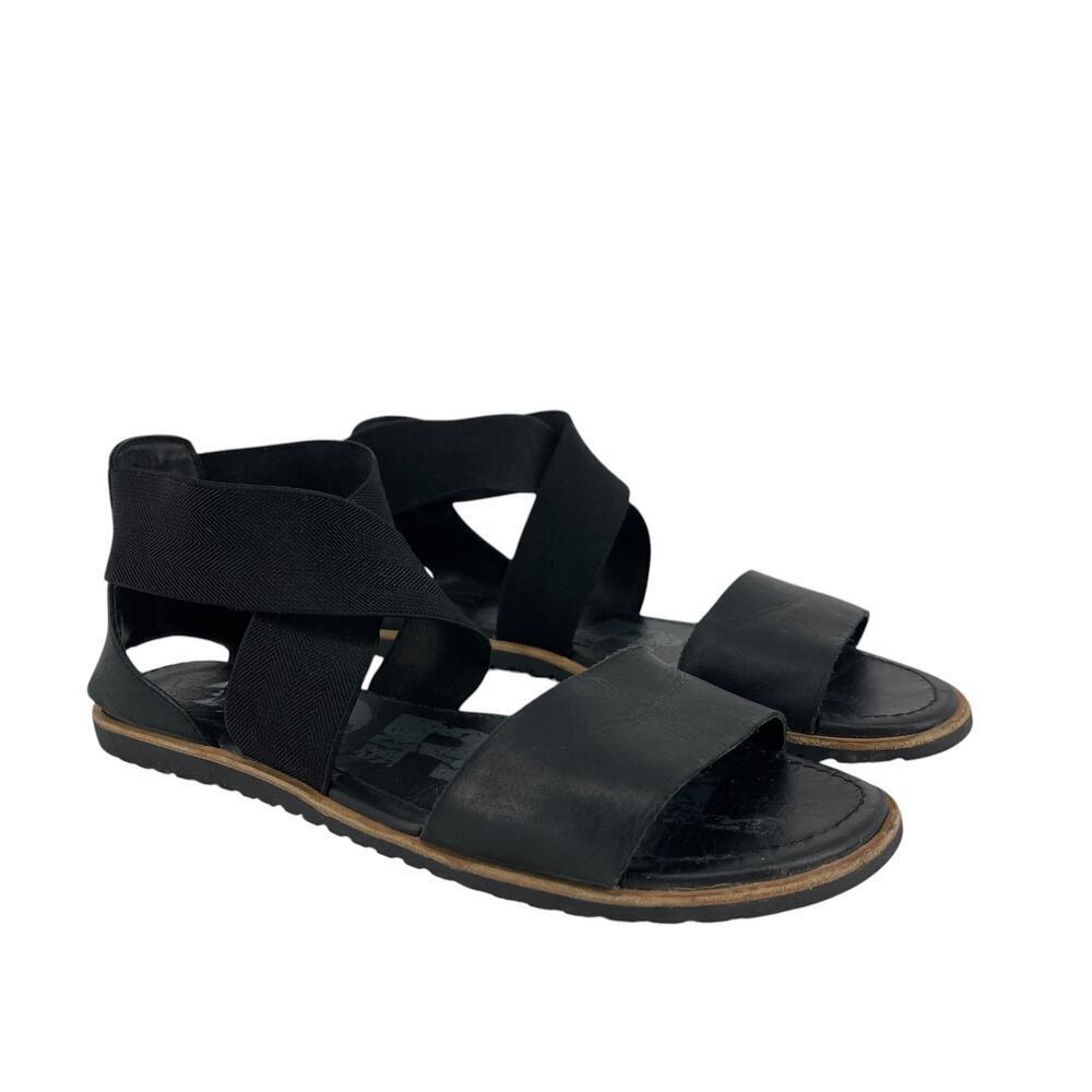 Sorel Ella Leather Sandals 7.5 Black Strappy Comfort Flat Minimal Outdoorsy